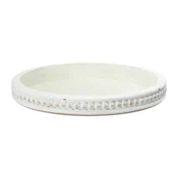 A round, white ceramic tray with a beaded rim design. The tray has a smooth, glossy finish and a slightly raised edge.