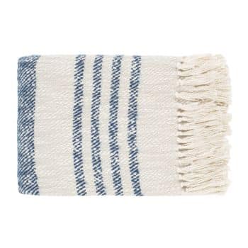 A folded, woven blanket with a cream-colored base featuring horizontal blue stripes. The blanket has a fringe on one end.