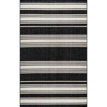 A rectangular rug featuring a pattern of horizontal black and white stripes of varying thickness. The stripes are evenly spaced, creating a bold, contrasting design.