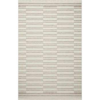 A rectangular, beige and cream-colored rug featuring a geometric pattern of horizontal and vertical lines creating a checkered design. The rug has a light border and a modern, minimalist style.