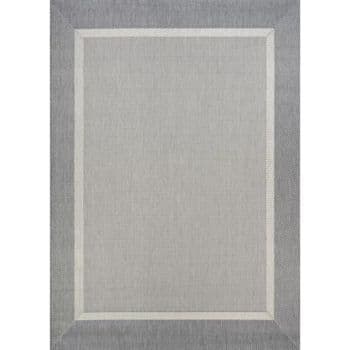 A rectangular rug with a simple design, featuring a light grey center surrounded by a darker grey border. The edges of the border have a subtle textured pattern, adding a slight contrast to the otherwise minimalistic and modern look of the rug.