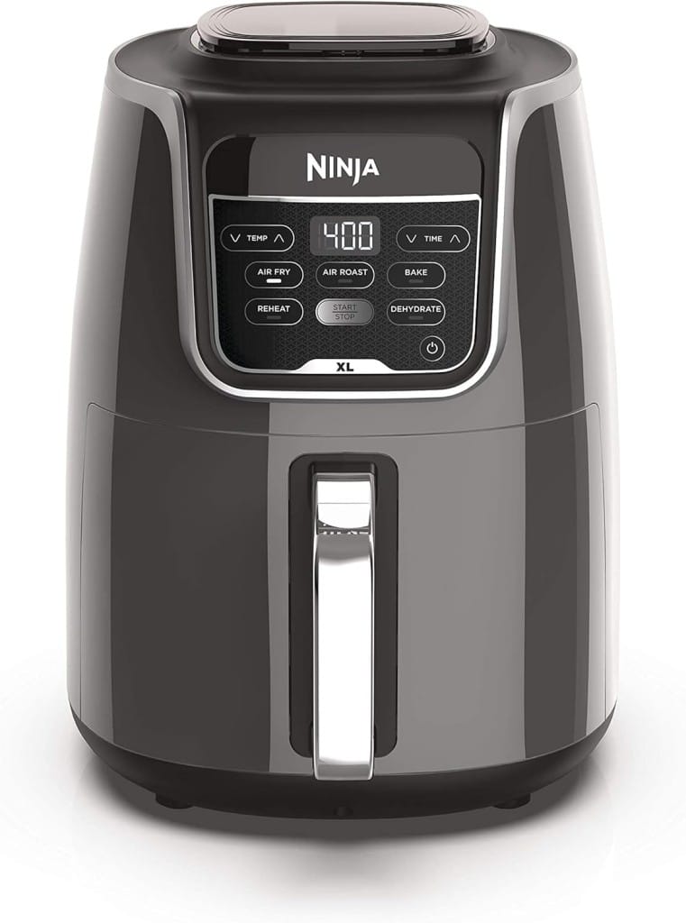 A black Ninja air fryer with a digital display showing 4:00. The control panel has buttons for air fry, air roast, bake, reheat, and dehydrate functions. The fryer has a handle on the lower front.