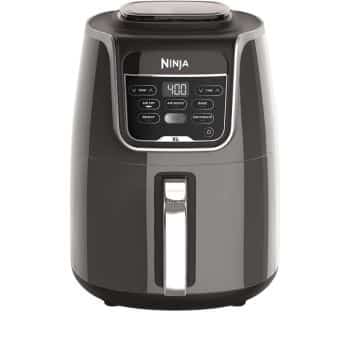 A black and stainless steel Ninja air fryer with a digital control panel displaying 400 degrees Fahrenheit. The control panel includes buttons for different presets like air roast, air fry, reheat, and dehydrate. The air fryer has a handle on the front.