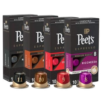 Image of four boxes of Peet's Espresso capsules, compatible with Nespresso Original machines. The boxes are labeled with their roast levels: Dark Roast (11), Decaf (10), Medium Roast (9), and Ricchezza Medium Roast (8). Each box shows a corresponding capsule in front.