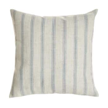 Square throw pillow with a neutral beige background and vertical light blue stripes. The texture appears to be linen or a similar woven fabric. The design is simple and minimalistic.