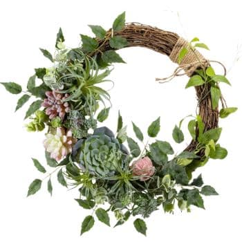 A decorative wreath made of intertwined brown twigs adorned with various green leaves, succulents, and small flowers. Some of the succulents are in shades of green and pink, giving the wreath a fresh and natural look.
