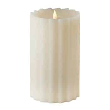 A lit white pillar candle with a fluted design around its sides. The flame is visible at the top, giving a warm, soft glow.