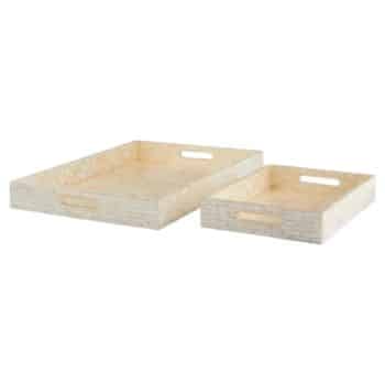 Two rectangular, beige storage trays of different sizes are placed side by side. Each tray has short vertical sides and a built-in handle cutout on the longer side for easy carrying. The trays have a simple, textured design, making them suitable for versatile use.