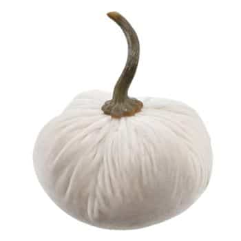 A small, round white velvet pumpkin with a long, curved, dark green stem. The textured fabric gives the pumpkin a plush, soft appearance. The stem is detailed and slightly twisted, adding a touch of realism to the decorative item.