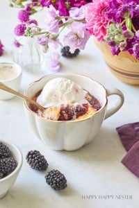 A white cup holds a warm dessert topped with a scoop of vanilla ice cream and a spoon, surrounded by fresh blackberries. In the background, a wooden bowl with vibrant purple and pink flowers adds a decorative touch. Text reads "HAPPY HAPPY NESTER.