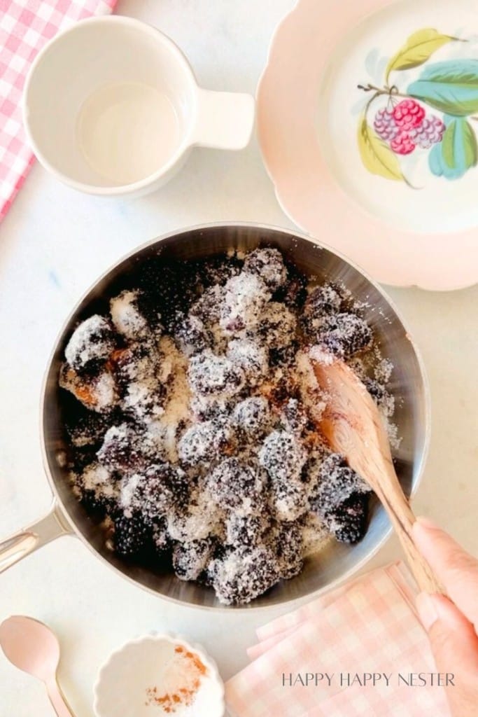 A silver saucepan filled with blackberries being mixed with sugar using a wooden spoon. Surrounding the pan, there are a white cup, a plate with a floral pattern, pink checkered cloth, and a small measuring spoon with ground spices. The lower-right corner reads "Happy Happy Nester".