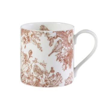 Image of a white ceramic coffee mug with a handle. The mug features detailed brown illustrations of various birds and foliage, creating a delicate and nature-inspired design. The artwork wraps around the entire mug, giving it a rustic and elegant appearance.