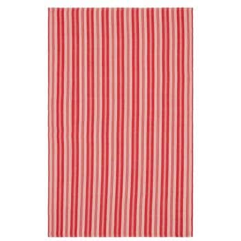 Rectangular rug featuring alternating vertical red and beige stripes.