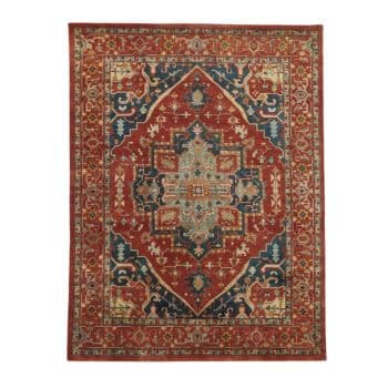 A colorful oriental rug featuring an intricate central medallion with geometric patterns. The rug's primary colors are red, blue, and beige, and it has multiple borders adorned with traditional motifs and designs.