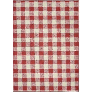 A rectangular rug with a red and white gingham checkered pattern. The squares are evenly spaced in a grid formation, creating a uniform and classic design.