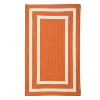 Rectangular rug with a modern design featuring concentric rectangles in orange and white. The innermost rectangle is a solid orange, surrounded by a white band, and then enclosed by a thicker orange border.