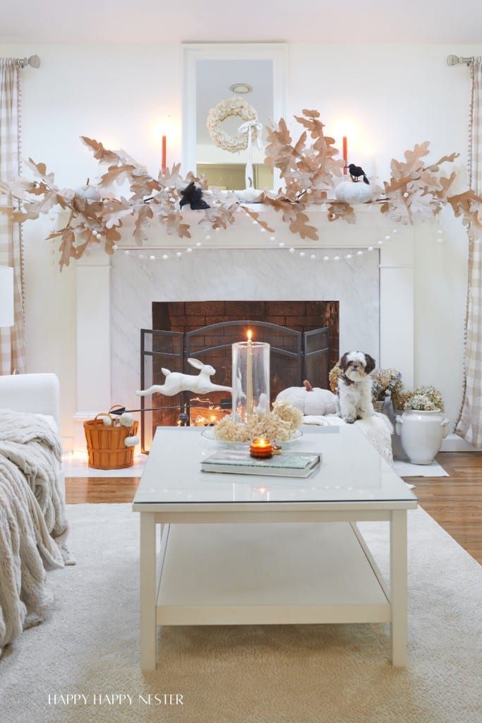 A cozy living room features a fireplace decorated with a garland of large, artificial leaves and candles. A small dog sits on the hearth beside a large basket. In the foreground, a white coffee table holds a candle, book, and ornaments.