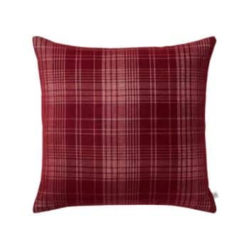 A square throw pillow featuring a red and pink plaid pattern. The design consists of intersecting horizontal and vertical lines, creating a classic, checkered appearance. The texture appears soft and plush, suitable for home decor or comfort.