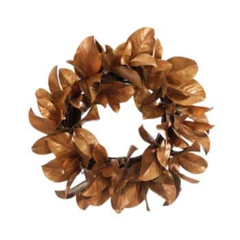 A decorative wreath made of metallic bronze-colored leaves arranged in a circular pattern. The leaves have a shiny, reflective surface, giving the wreath an elegant and modern appearance.