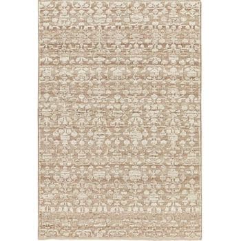 Rectangular area rug with a beige color palette, featuring a subtle, repetitive geometric pattern in shades of light and dark beige. The design is intricate and evenly distributed across the rug, giving it an elegant and textured appearance.