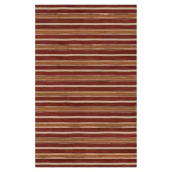 A rectangular rug with a pattern of horizontal stripes in shades of red and beige. The stripes are evenly spaced, and the design alternates between wide and narrow lines, creating a simple yet elegant appearance.