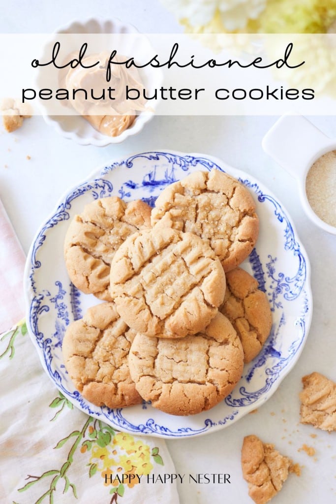 A plate of golden-brown, old-fashioned peanut butter cookies arranged on a blue and white decorative plate. The cookies have a classic crisscross pattern on top. In the background, there are ingredients and utensils, including a bowl of peanut butter and a small dish of sugar.