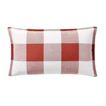 A rectangular throw pillow with a red and white plaid checkered pattern is displayed against a white background. The pillow features alternating stripes of red and white, creating a classic and cozy design.