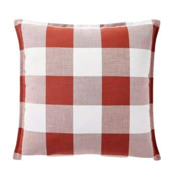 A square throw pillow showcasing a large buffalo check pattern in alternating shades of red and white.