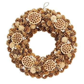 A decorative wreath made of natural elements such as pinecones, lotus pods, and small seed clusters, all arranged in a circular form. The wreath has a rustic, earthy appearance, with a mix of textures highlighting the brown and beige hues.