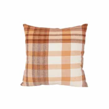 A square throw pillow featuring a plaid pattern in shades of brown, orange, and beige. The design includes varying thicknesses of stripes, creating a checkered look. The pillow has a cozy, woven texture.