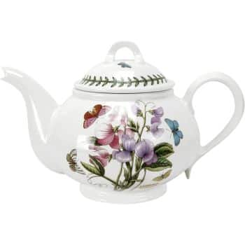 A white porcelain teapot adorned with colorful floral and butterfly designs. The flowers are primarily pink and purple, with green leaves, while the butterflies are red, blue, and orange. The teapot has a green leaf pattern around the lid's rim.