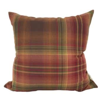 A square pillow with a plaid pattern in shades of red, green, yellow, and brown. The fabric has a soft, textile appearance with a slightly wrinkled texture. The edges are neatly sewn, giving it a cozy and classic look.