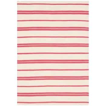 A rectangular area rug featuring a pattern of horizontal red stripes on a white background. The stripes vary slightly in thickness and are evenly spaced across the rug.