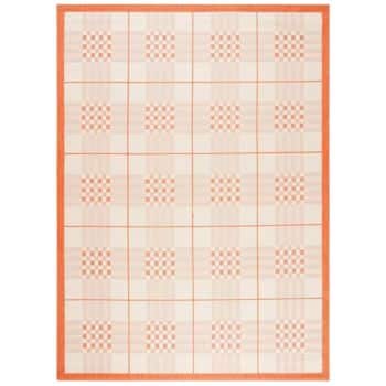 Rectangular rug with a geometric pattern in a grid layout. The grid squares contain alternating smaller squares in shades of beige and light orange. The rug has a thick orange border.