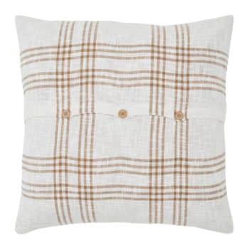 A square throw pillow with a white background and a beige plaid pattern. The pillow features three horizontal wooden buttons aligned across the center. The fabric appears to have a lightweight, textured weave.