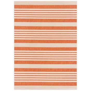 A rectangular rug with a pattern of alternating orange and white horizontal stripes of varying thicknesses. The design is simple and modern, creating a visual rhythm across the surface of the rug.