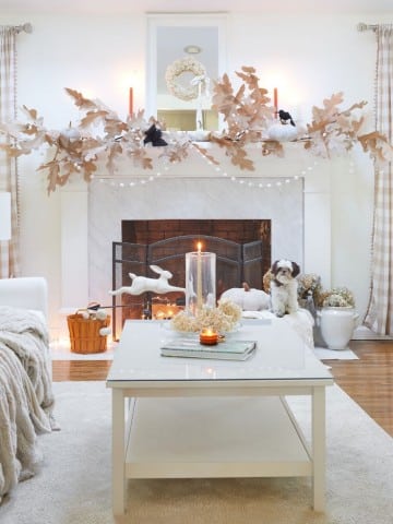 A cozy living room with a white coffee table, decorated with candles and seashells. A dog sits near a fireplace adorned with large, white leaf garlands and red candles. The room is softly lit and has neutral-toned furniture and decor.