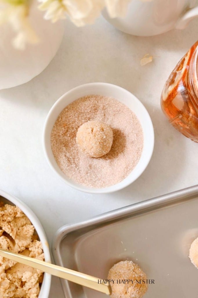 A bowl filled with cinnamon sugar has a single dough ball resting in it, partially coated with the sugar mixture. On the side, a mason jar and baking tray with more dough balls. A white dish has additional dough and a gold spoon placed on top.