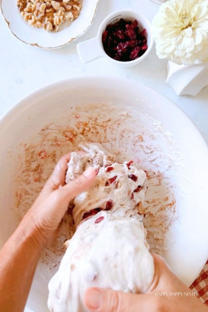 Hands kneading dough with dried cranberries in a white bowl. A bowl of walnuts and a dish with cranberries are in the background, along with a white flower in a vase. Text "HAPPY HAPPY NESTER" is subtly visible in the bottom corner.