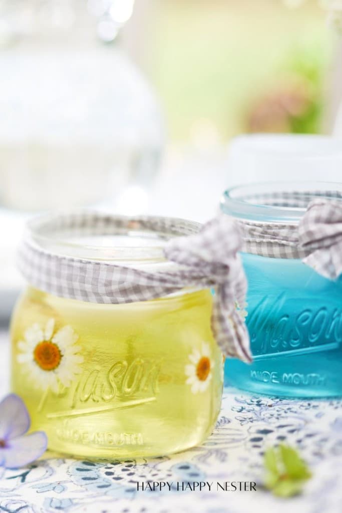 A close-up of two mason jars filled with yellow and blue liquids, respectively. Each jar is decorated with a checkered ribbon at the top and features a daisy flower inside. The jars sit on a patterned tablecloth with soft-focus background elements.