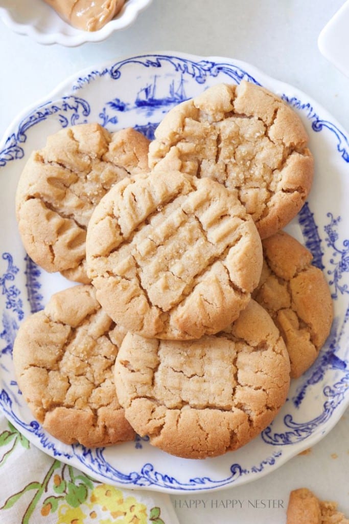 A plate of golden brown peanut butter cookies arranged in a fan shape. The cookies have a distinct criss-cross pattern on top, indicating they were pressed with a fork before baking. The plate is white with a blue floral design around the edges.