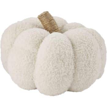 A plush decoration in the shape of a pumpkin. The pumpkin is covered in a soft, white, fuzzy material and has a stem wrapped in natural twine. The overall texture gives it a cozy and inviting appearance.