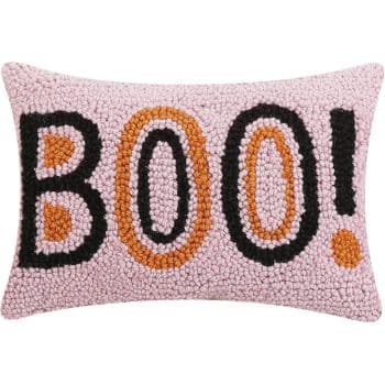 Rectangular pillow with a textured, pink background and the word "BOO!" written in large, bold letters. The letters "B" and "O" are black with orange outlines, and the exclamation mark "!" is entirely black.