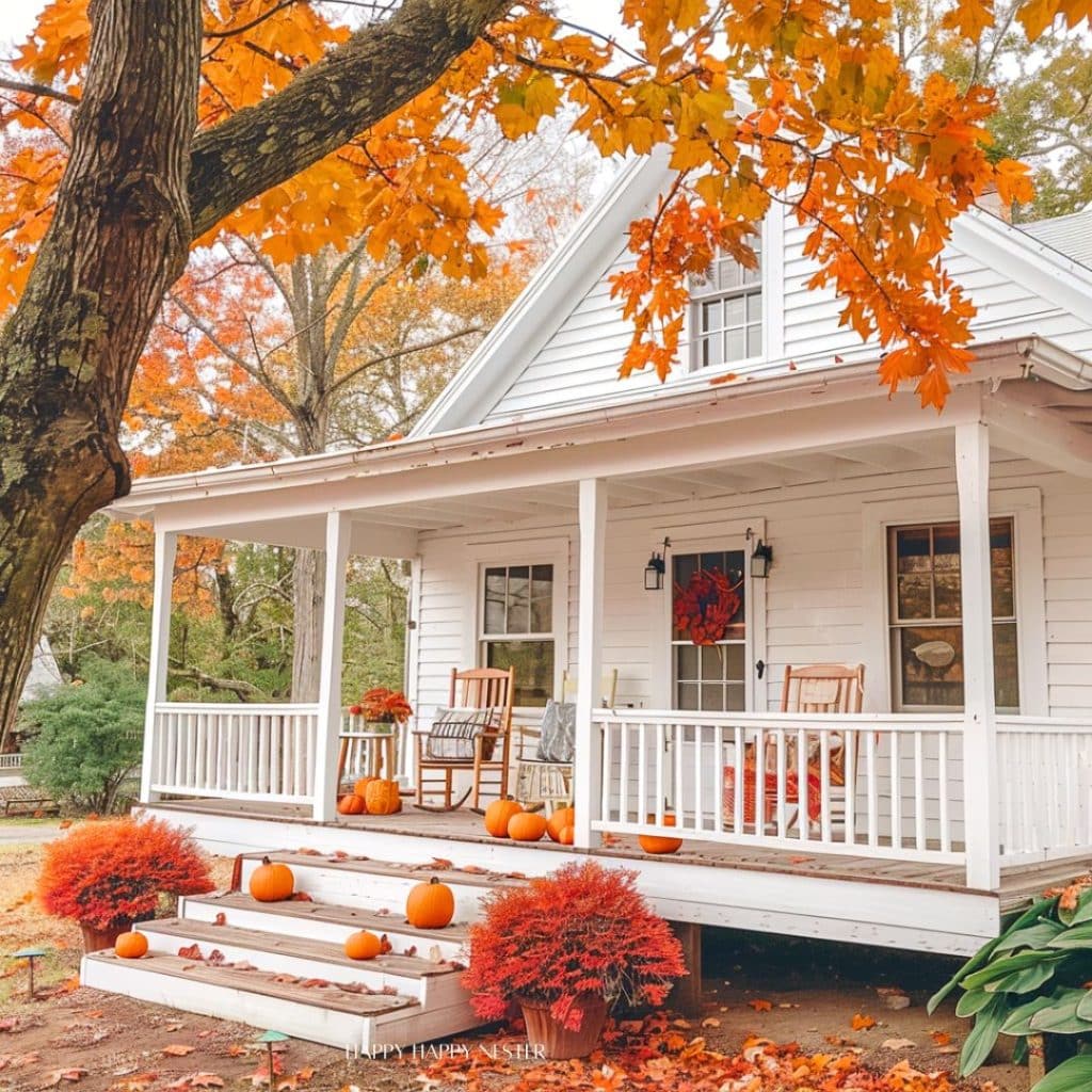 A cozy white house with a porch, adorned with festive fall decor including pumpkins, red-orange foliage, and rocking chairs. Red and orange leaves are scattered around, and trees with vibrant fall colors surround the house.