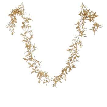 A delicate garland composed of light brown and gold leaves, arranged in a flowing and loosely draped "U" shape, set against a white background.