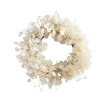 A wreath made of delicate, translucent white leaves arranged in a circular shape. The leaves have a soft, ethereal appearance, creating a light and airy look. The overall design is minimalist and elegant.