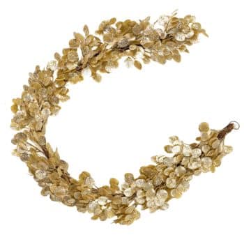 A decorative, golden-colored wreath shaped into a curved "C" formation. The wreath is composed of numerous small, round, and shiny leaves, giving it a luxurious and festive appearance. The background is plain white.