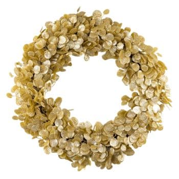 A golden wreath made of round, translucent, coin-shaped leaves arranged in a circular pattern. The wreath has a full, lush appearance with overlapping leaves creating a textured look. The background is plain white, highlighting the golden color of the wreath.