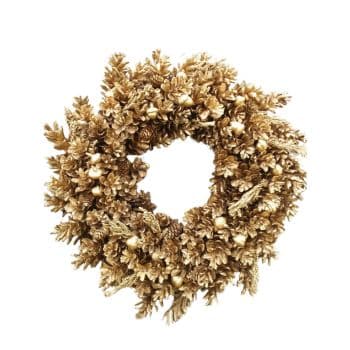 A rustic, golden-brown wreath made of dried wheat and foliage arranged in a circular pattern against a plain white background. The wreath features textured elements giving it a full and natural appearance, suitable for autumn or harvest-themed decorations.