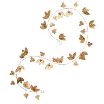 A decorative garland featuring gold-toned leaves arranged in a flowing, spiral pattern. The leaves are detailed with veins, creating an elegant and festive look suitable for autumn or holiday decor.